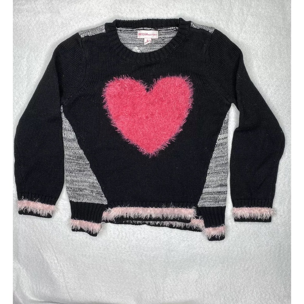 Design History Girls 5 Heart‎ Black Knit Long Sleeve Crew Neck Pullover Sweater